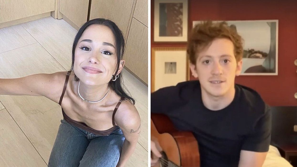 Ariana Grande smiling. Right: Ethan Slater playing the guitar.