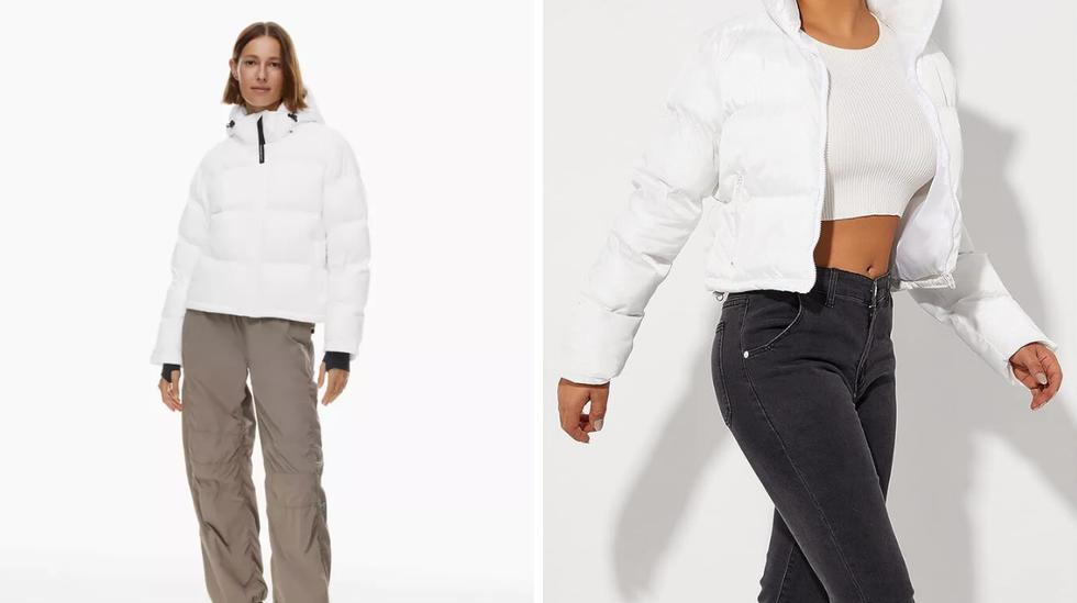 Aritizia's The Super Puff Shorty. Right: Women's Crop Short Black Jacket Cropped Puffer Fashion Jackets on Amazon.