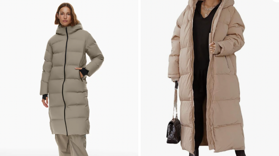 Aritzia's Super Puff\u2082O Long. Right: Amazon's Shanfetl Women Long Quilted Coat.