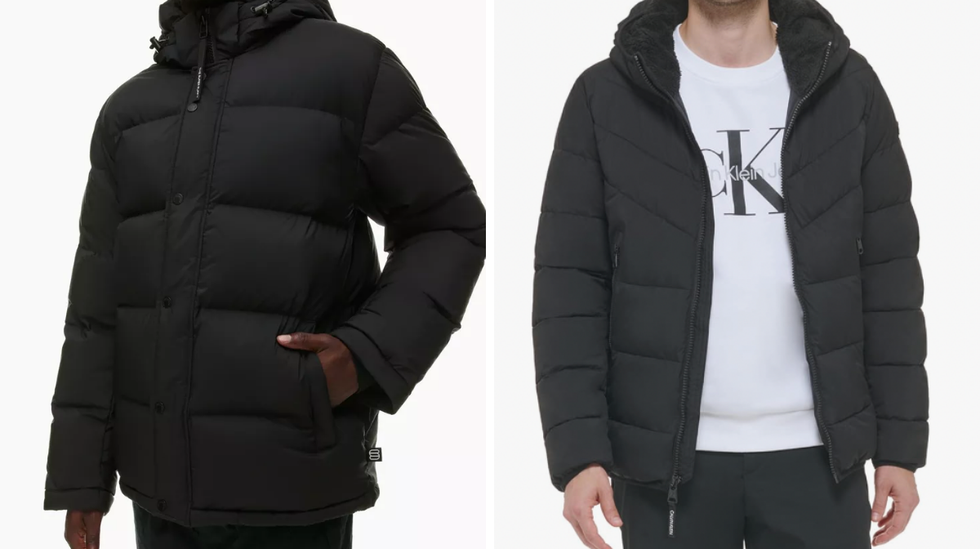 Aritzia's Super Puff\u2122 Men's coat. Right: Calvin Klein men's Winter Coat - Puffer Stretch Jacket With Sherpa Hood.