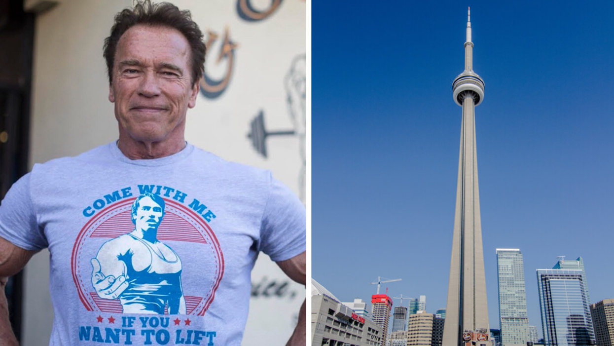 Arnold Schwarzenegger. Right: CN Tower.