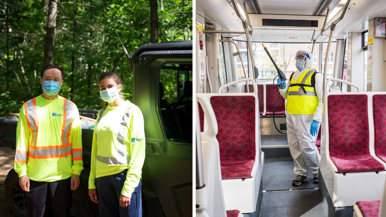 Arrowhead maintenance staff. Right: TTC streetcar.