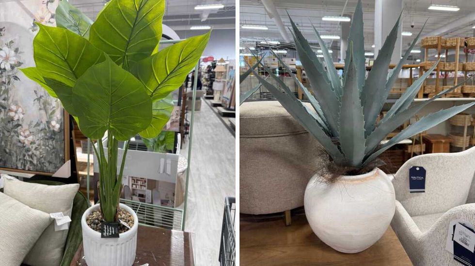 Artificial green plants inside of white vases at a store.