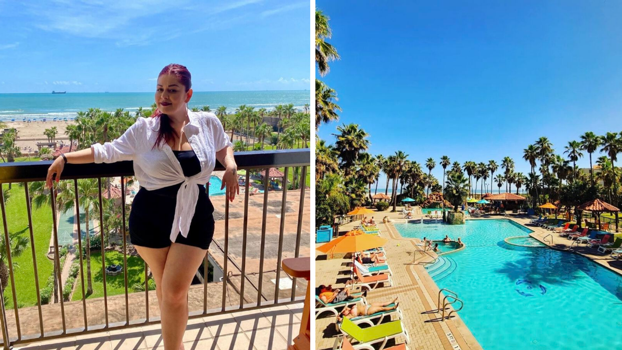Artist Lizbett Garcia at Isla Grand Beach Resort. Right: The pool area at Isla Grand Beach Resort.