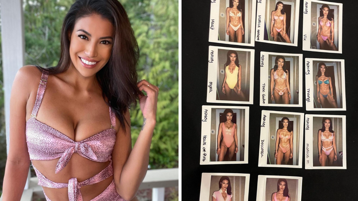 Ashley Callingbull posing in a swimsuit. Right: Ashley Callingbull shares images from her swimsuit fittings.
