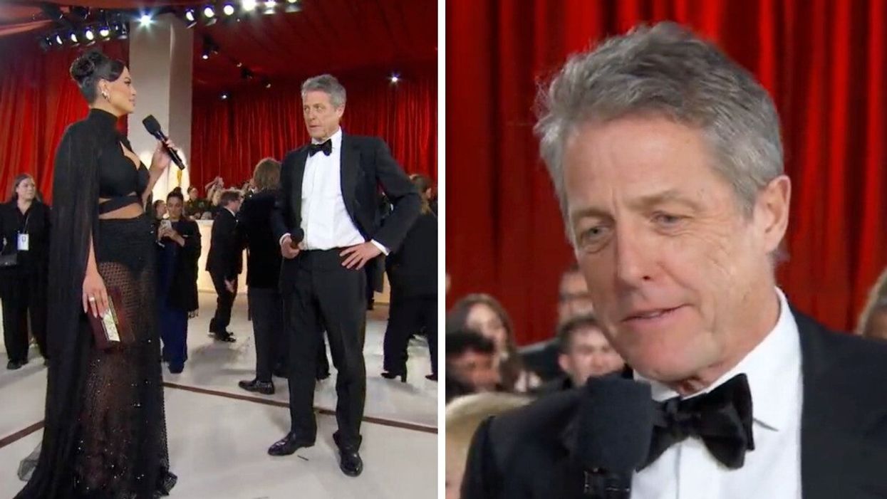 Ashley Graham and Hugh Grant on the 2023 Oscars red carpet. Right: Hugh Grant.