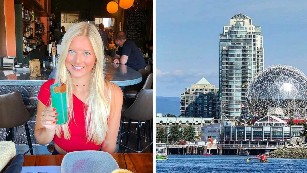Ashley Harris at a Vancouver restaurant. Right: The city of Vancouver.