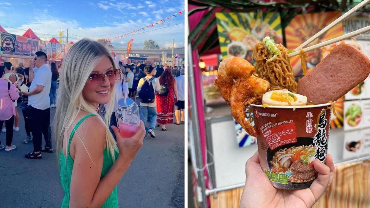 Ashley Harris holding a drink. Right: Flying Noodles dish.
