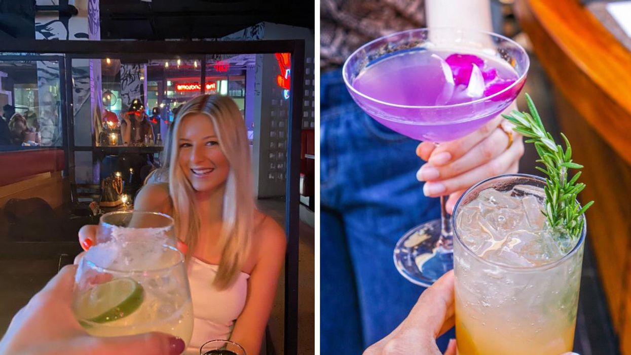 Ashley Harris raising a glass for a cheers at a happy hour. Right: Colourful drinks.