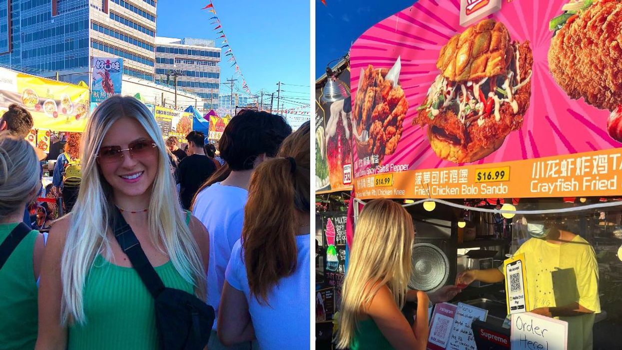 Ashley Harris. Right: Ashley Harris ordering food.