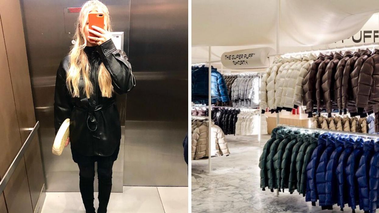 Ashley Harris. Right: Super Puff jackets in store.