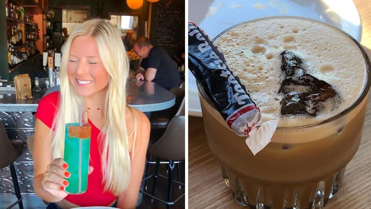 Ashley Harris. Right: Tootsie Roll Drink.