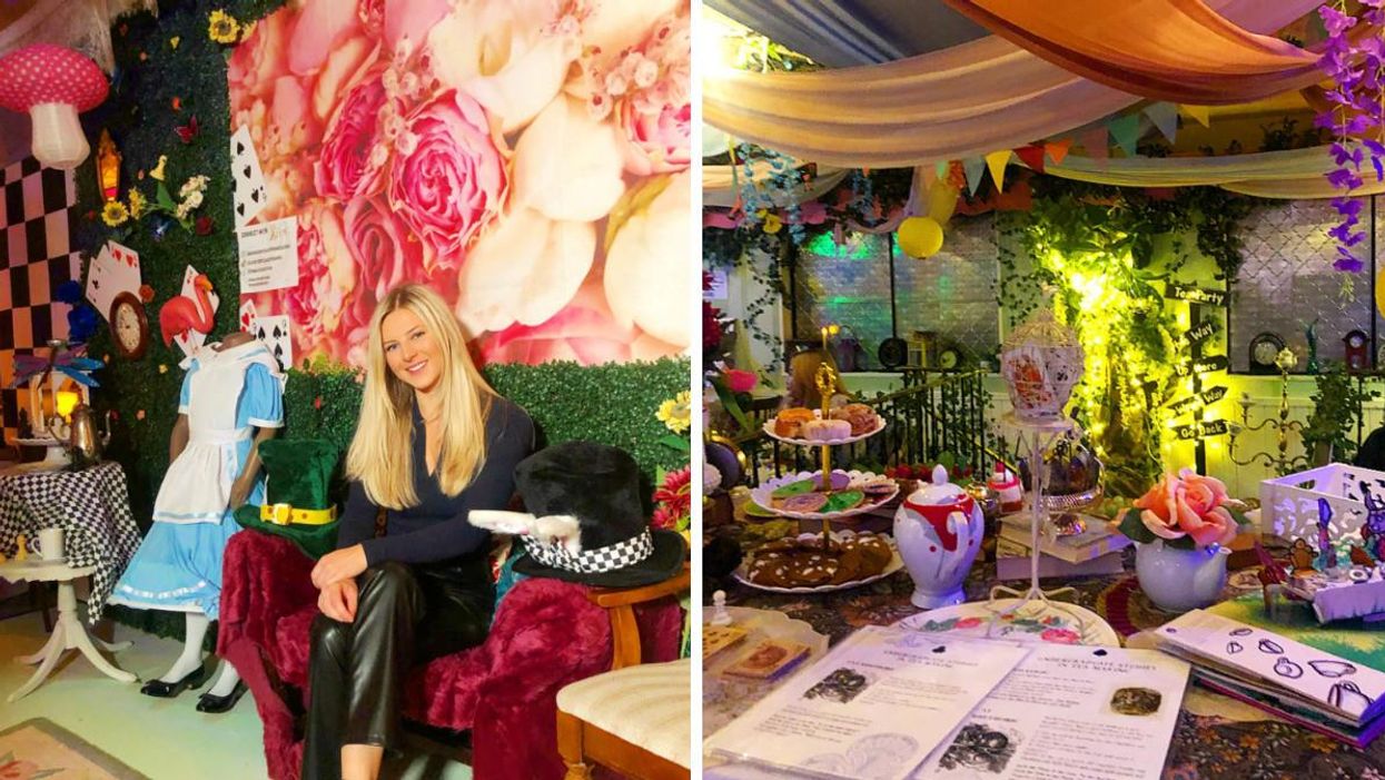 Ashley Harris sitting at The Alice: An Immersive Cocktail Experience. Right: The inside decor.