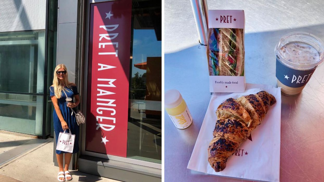 Ashley Harris standing in front of Pret. Right: Pret foods.