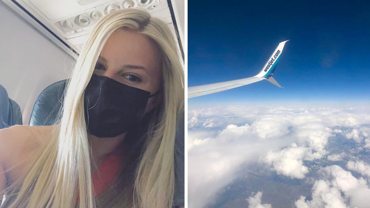 Ashley Harris taking a selfie on a plane. Right: The wing of a Westjet airplane in the air over the clouds.