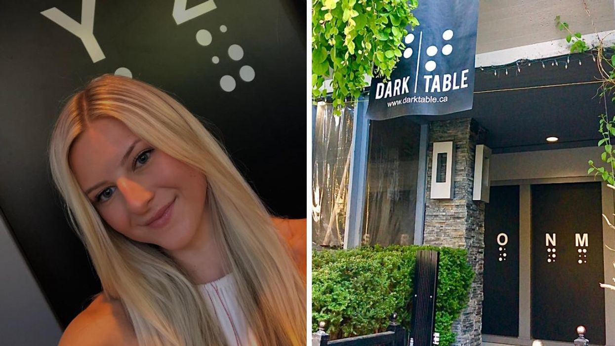 Ashley Harris taking a selfie. Right: Outside of the Dark Table restaurant.