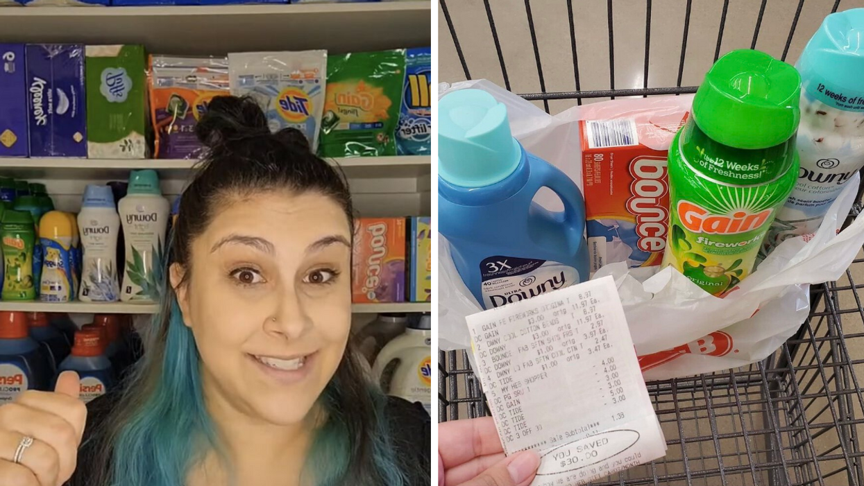Ashley in front of laundry products. Right: A receipt held in front of purchased items.