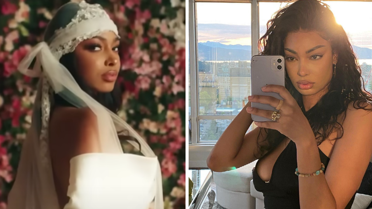 Ashley Massiah as a bride in Drake's music video "Falling Back". Right: Ashley Massiah.