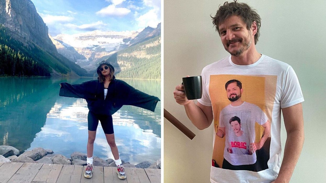 Ashley Tisdale standing in front of Lake Louise in Alberta. Right: Pedro Pascal holding a coffee cup and posing for a photo.