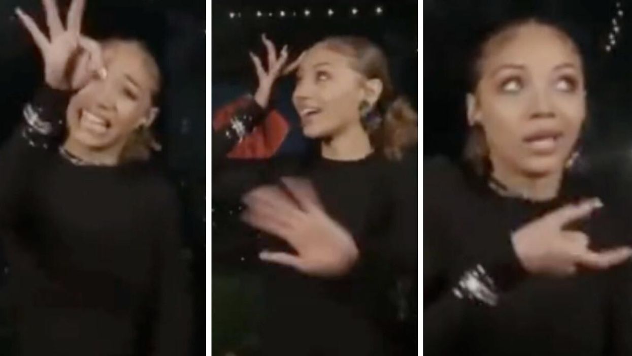 ASL interpreter Justina Miles performing at Rihanna's 2023 Super Bowl halftime show.