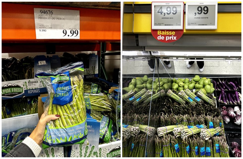 Asperges en vente au Costco. Droite : Asperges en vente au Maxi.