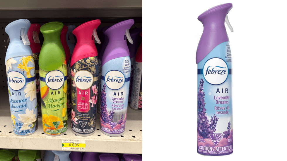 Assainisseur d'air Febreze sur les tablettes du Dollarama. Droite : Assainisseur d'air Febreze sur le site du Tigre G\u00e9ant.