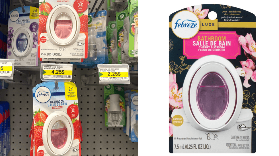 Assainisseur d'air pour salle de bain Febreze sur les \u00e9tag\u00e8res du Dollarama. Droite : Assainisseur d'air pour salle de bain Febreze sur le site du Tigre G\u00e9ant.