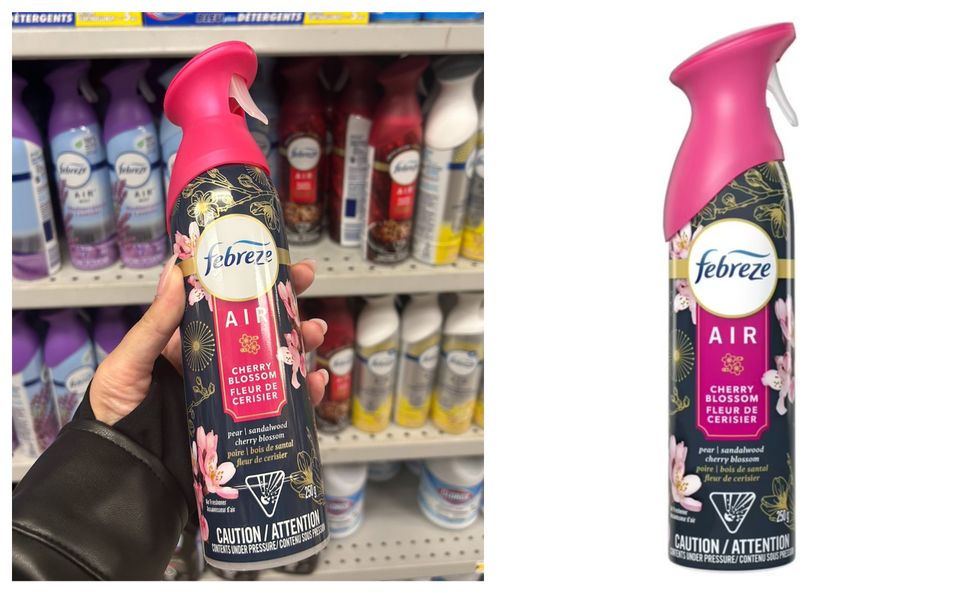 Assainisseur d\u2019air en bruine Febreze Air au Dollarama. Droite : Assainisseur d\u2019air en bruine Febreze Air sur le site du Walmart.