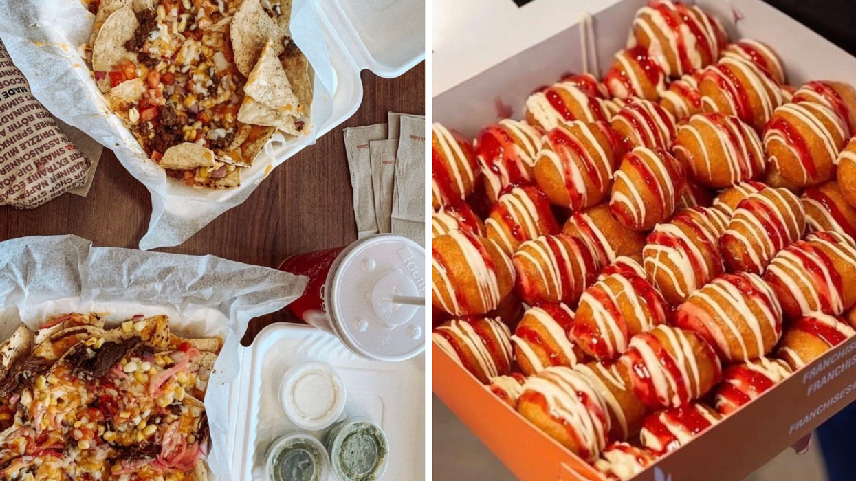 Assiettes de nachos. Droite : beignets.