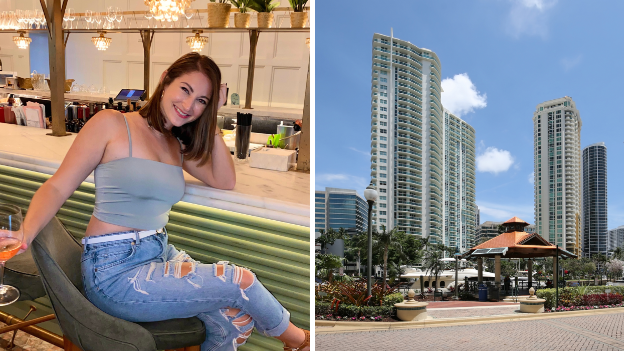 Associate Editor, Jenna Kelley, at a bar. Right: Fort Lauderdale skyrises.