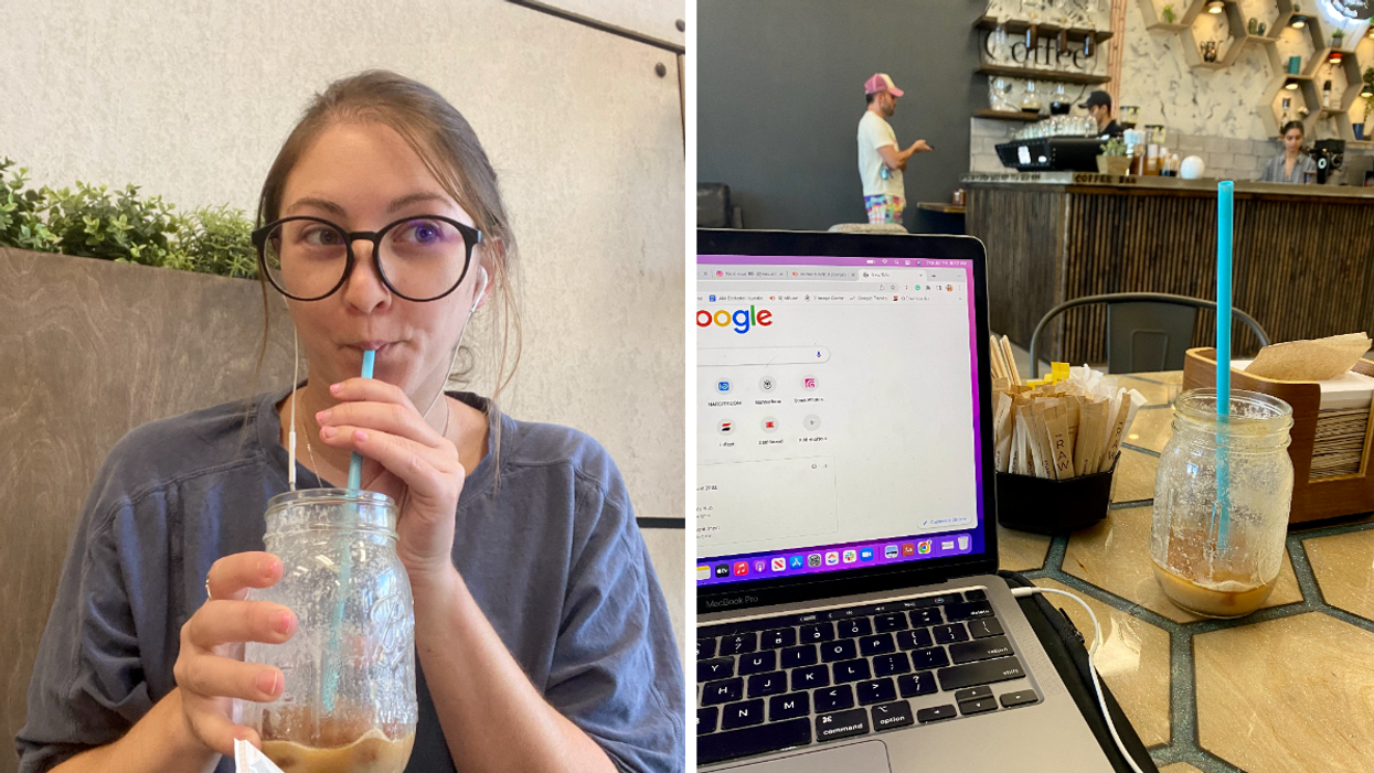 Associate Editor, Jenna Kelley, at a coffee shop. Right: A coffee shop in Florida.