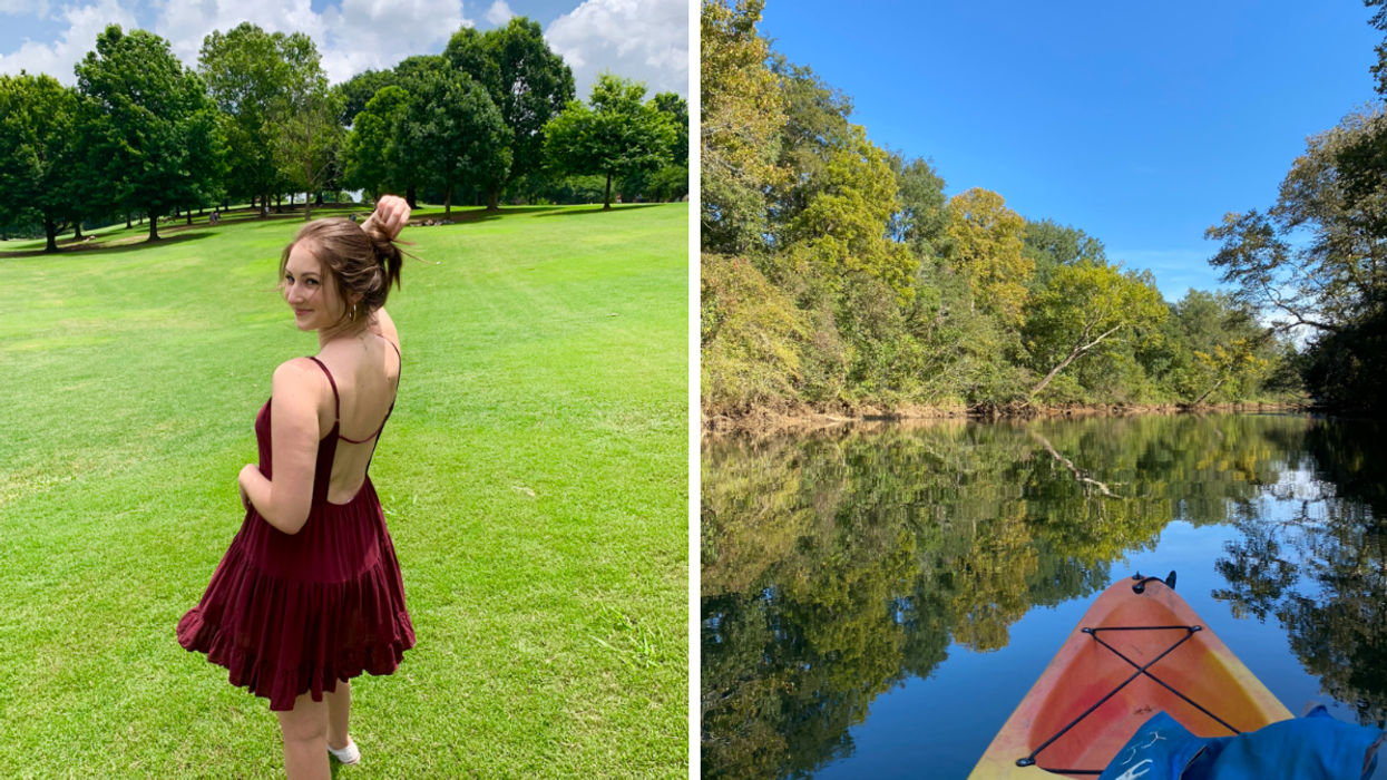Associate Editor, Jenna Kelley, at Piedmont Park. Right: Kayaking in Columbia County, GA.