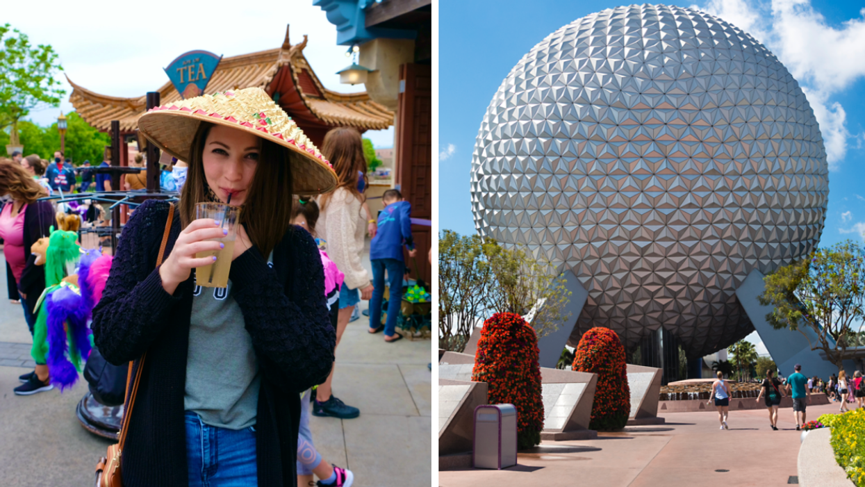 Associate Editor Jenna Kelley drinking a margarita. Right: EPCOT.