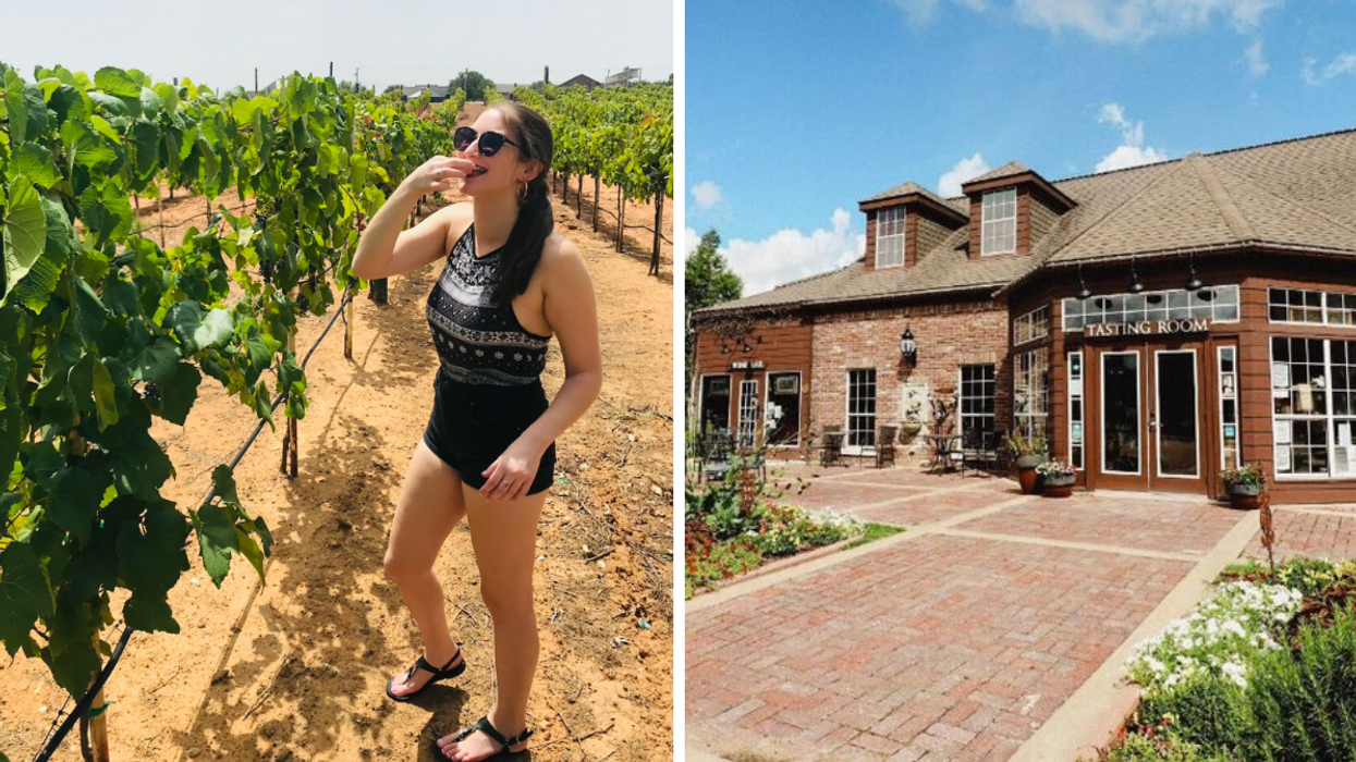 Associate Editor Jenna Kelley eating a grape from the vineyard. Right: The Messina Hof Winery tasting room.