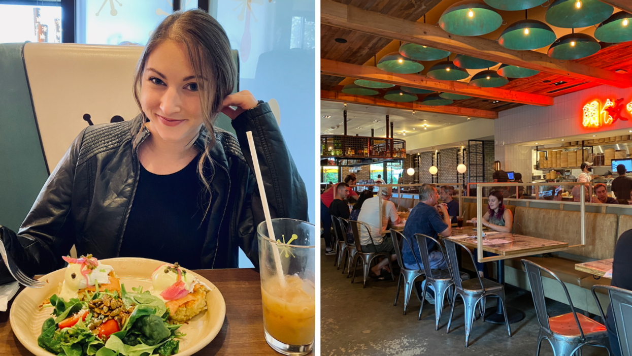 Associate Editor Jenna Kelley eating a meal. Right: A restaurant in Orlando.