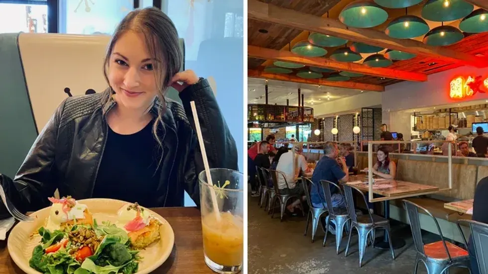 Associate Editor Jenna Kelley eating a meal. Right: A restaurant in Orlando.