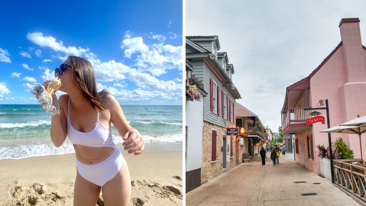 Associate Editor, Jenna Kelley, eating a pub sub on the beach. Right: St. Augustine, FL.
