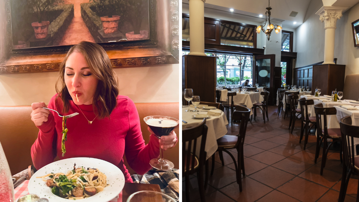 Associate Editor, Jenna Kelley, eating at a restaurant. Right: A restaurant in New York.