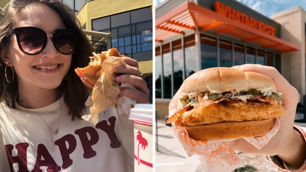 Associate Editor, Jenna Kelley, eating In-N-Out. Right: A sandwich from Whataburger.