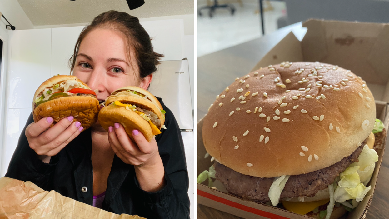 Associate Editor Jenna Kelley holding a Big Mac and a Whopper. Right: A Big Mac.