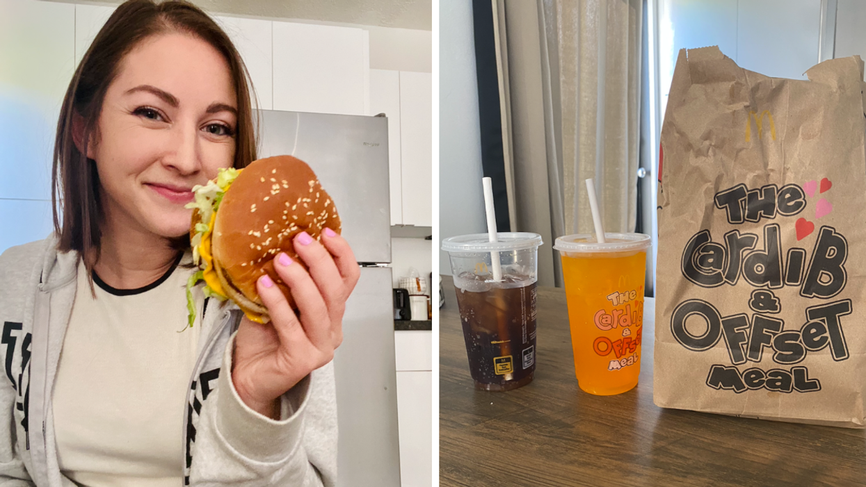 Associate Editor Jenna Kelley holding a Big Mac. Right: The Cardi B & Offset meal.