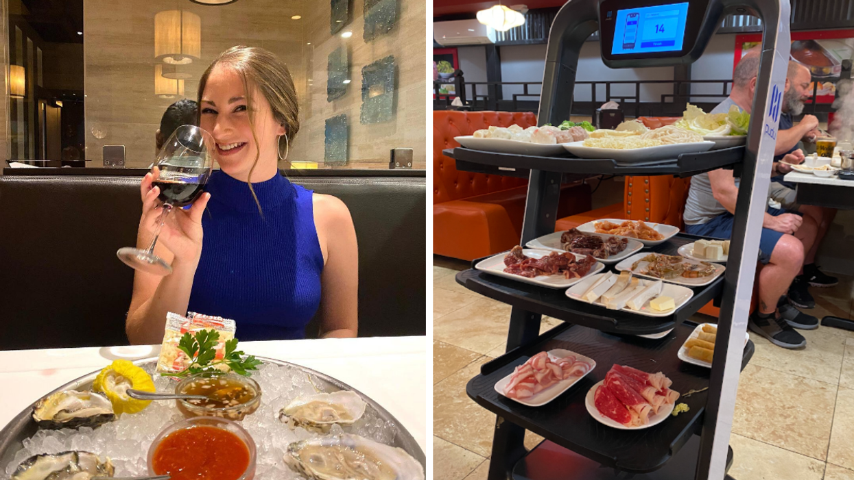 Associate Editor, Jenna Kelley, in a dining room. Right: A robot serving meals.