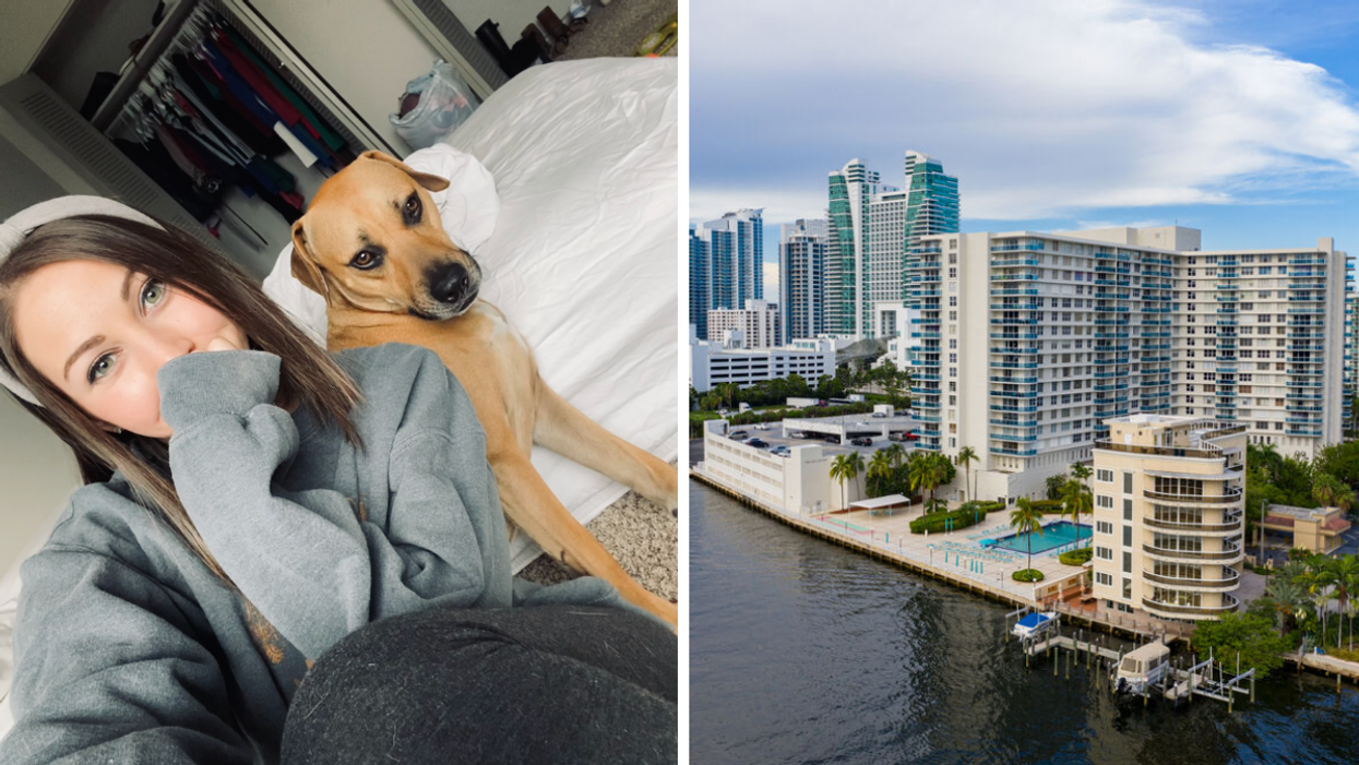 Associate Editor, Jenna Kelley, in an empty room, moving to Florida. Right: Hollywood, Florida.