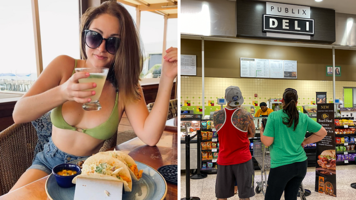 Associate Editor, Jenna Kelley, in beach clothes at a restaurant. Right: People waiting in line at the Publix Deli.