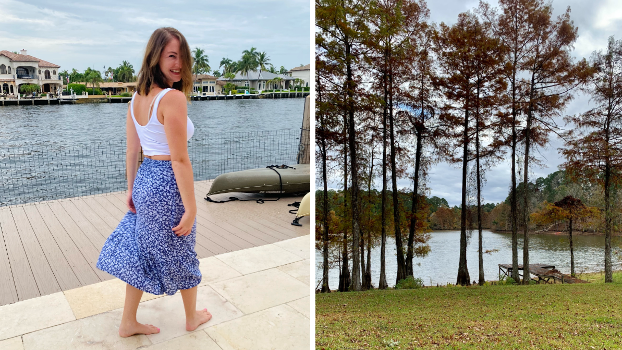 Associate Editor, Jenna Kelley in Florida. Right: The outside of a Hephill, TX lake house.
