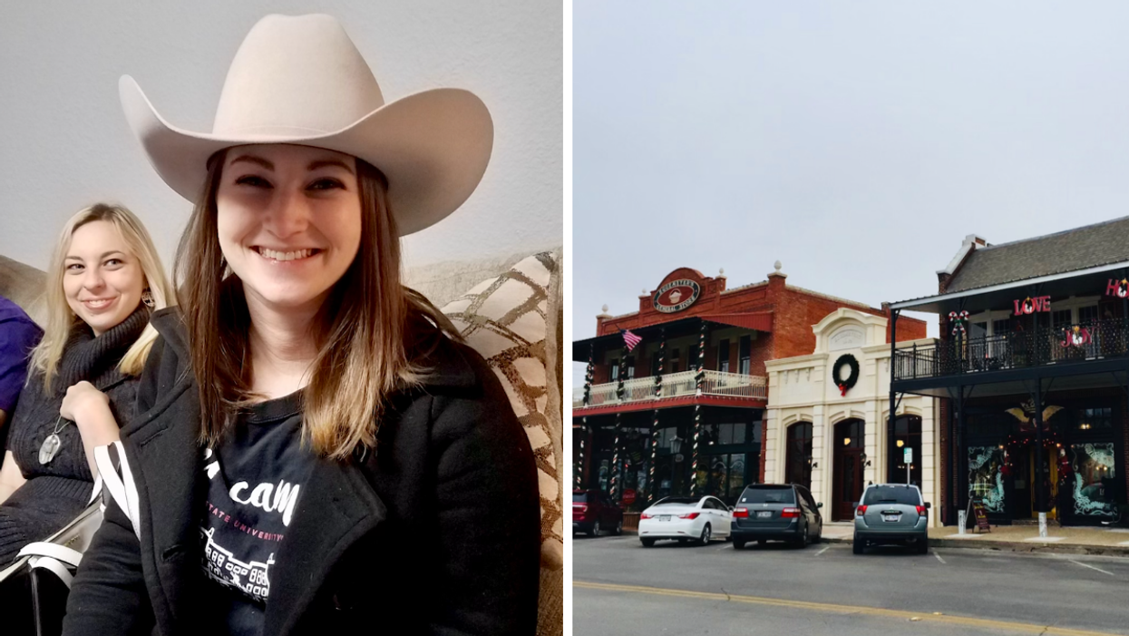Associate Editor, Jenna Kelley, in Texas with a cowboy hat on. Right: The city of San Angelo, Texas.
