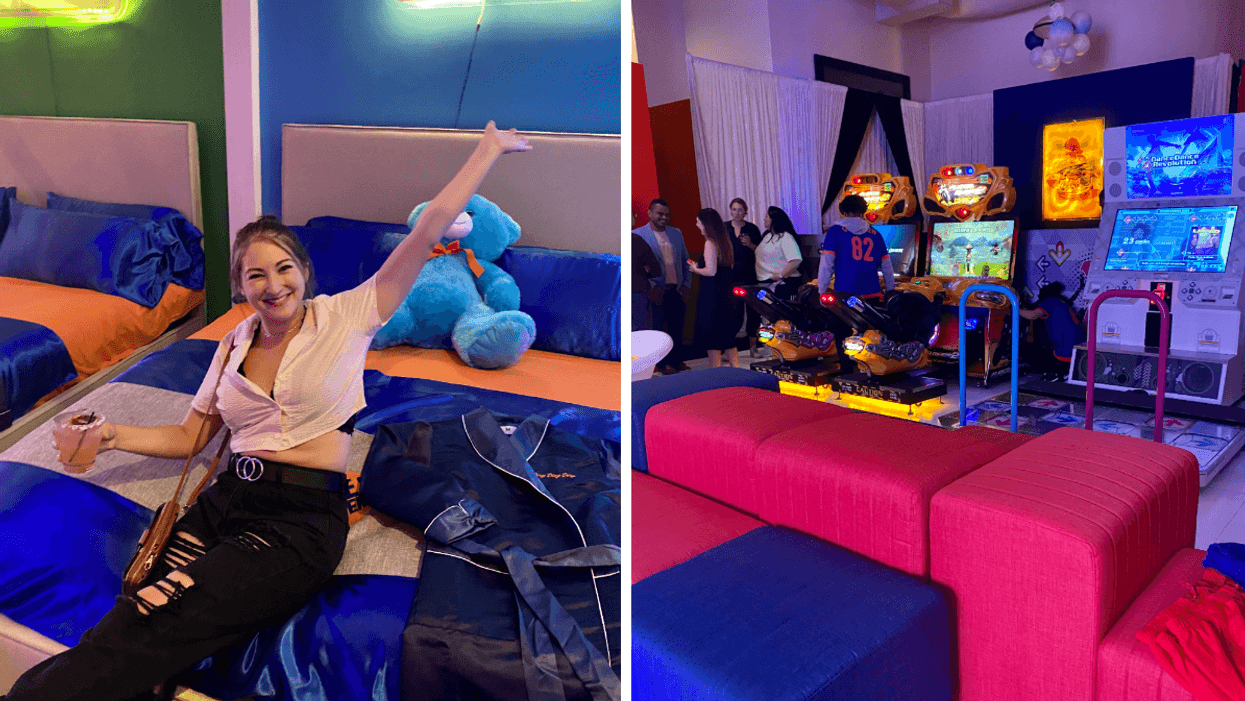 Associate Editor, Jenna Kelley, on the bed at Dave & Buster's. Right: Dave & Buster's Showroom.