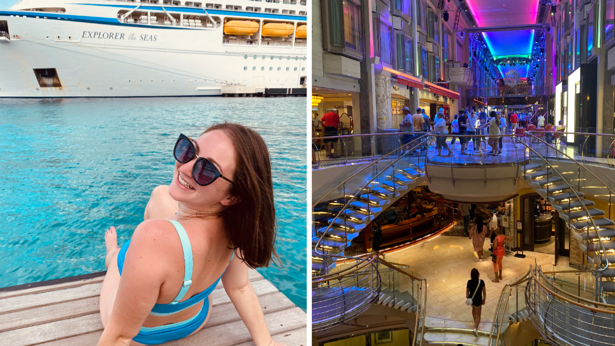 Associate Editor Jenna Kelley sitting on a dock in front of the cruise. Right: The inside of the cruise.