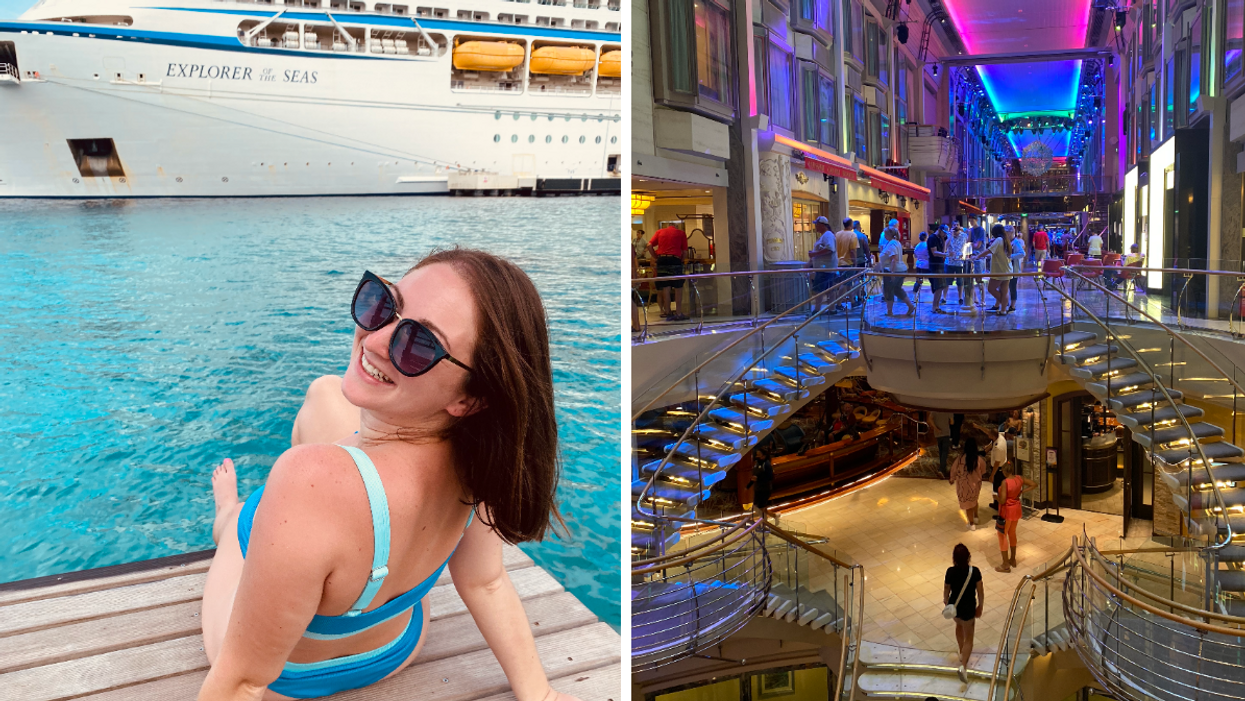 Associate Editor Jenna Kelley sitting on a dock in front of the cruise. Right: The inside of the cruise.