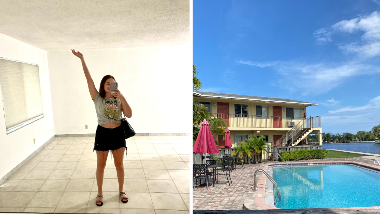 Associate Editor, Jenna Kelley, touring a Florida apartment. Right: The outside of an apartment complex.
